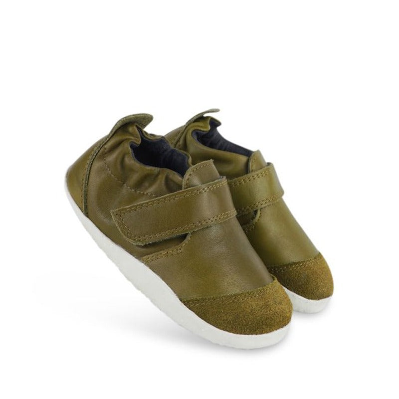 Pair of Bobux SU Xplorer Marvel Shoes - Olive, angled outer side view