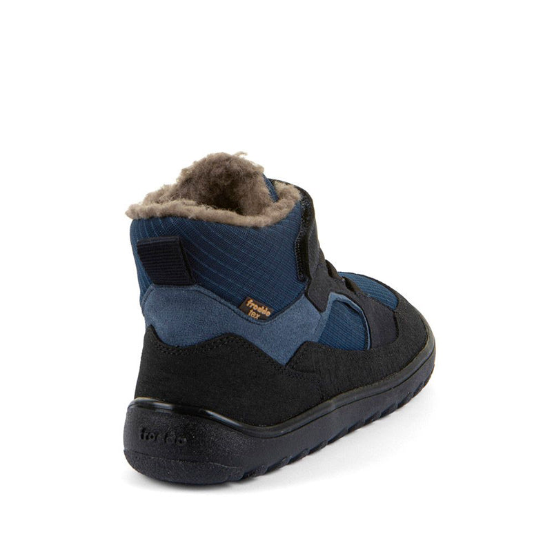 Froddo Kids Barefoot Waterproof Up Path Boot - Black and Blue, angled view showing outer side and rear.
