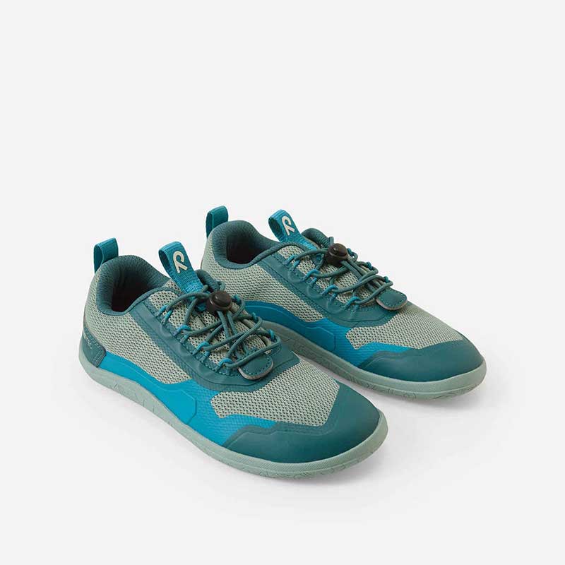 Pair of Reima Kids Trainers Tallustelu - Stone Green, angled view showing outer side and front.