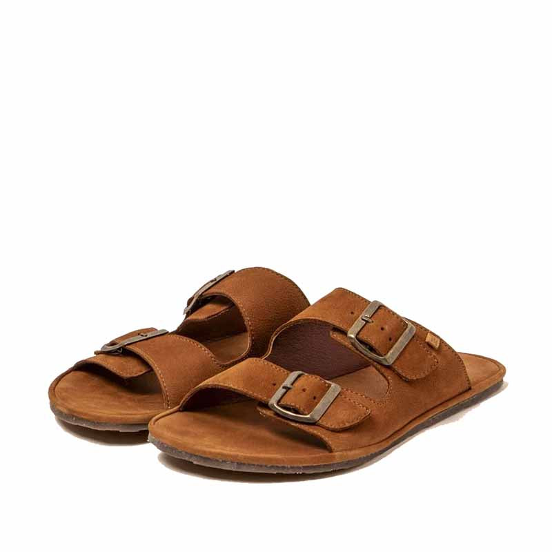 Pair of El Naturalista Barefoot Bare Slides - Brown, angled view showing outer side and front.