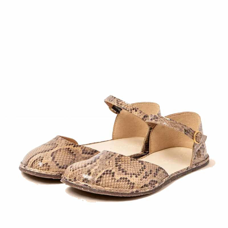 Pair of El Naturalista Barefoot Bare Sandals - Snake, angled view showing outer side and front.