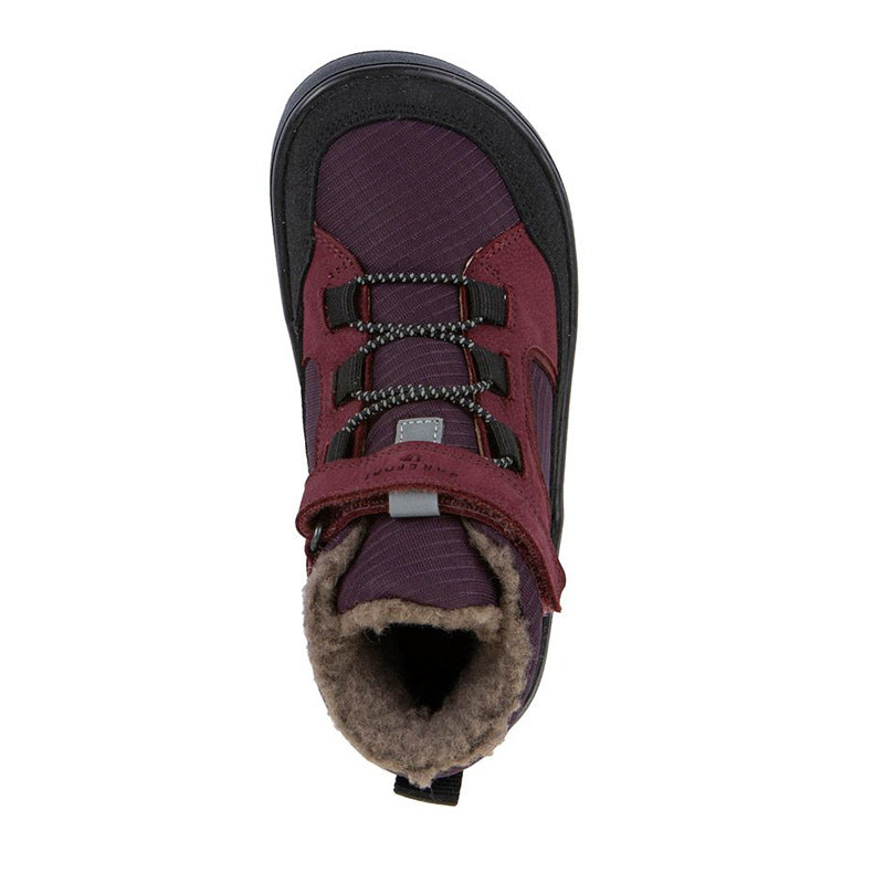 Froddo Kids Barefoot Waterproof Up Path Boot - Dark Bordeaux, top view.