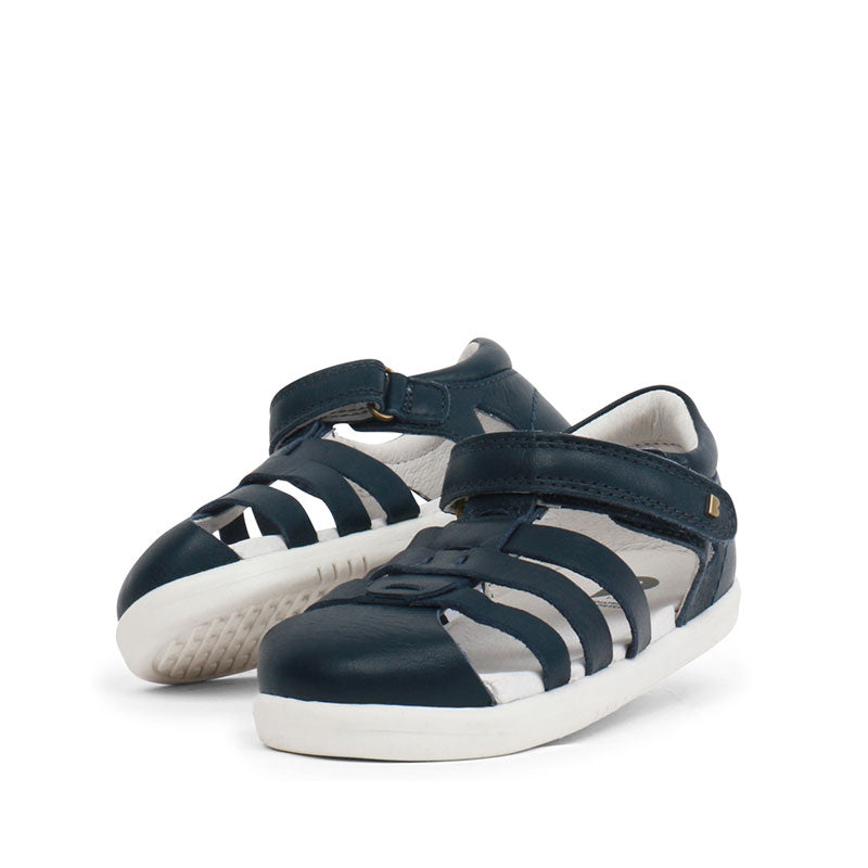 Pair of Bobux Tidal Sandals - Navy, angled front and outer side view, slight inner and sole view