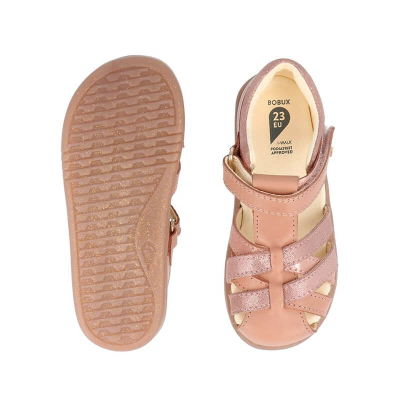 Pair of Bobux Cross Jump Sandals - Rose, sole and top view