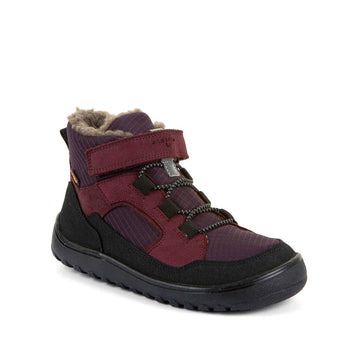 Froddo Kids Barefoot Waterproof Up Path Boot - Dark Bordeaux, angled view showing outer side and front.