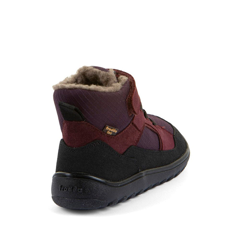 Froddo Kids Barefoot Waterproof Up Path Boot - Dark Bordeaux, angled view showing outer side and rear.