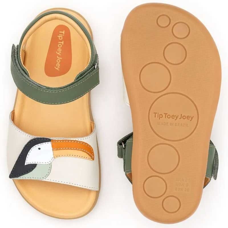 Pair of Tip Toey Joey Kids Sandals Toucan - Green, one showing the top and the other showing the sole view.