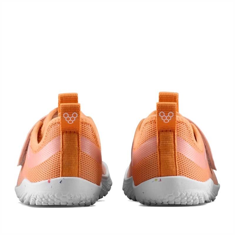 Pair of Vivobarefoot Kids Trainers Primus Sport IV - Apricot, rear view.