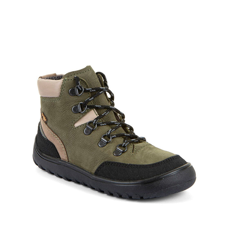 Froddo Barefoot Waterproof Up Trail Boot - Olive, angled view showing outer side and front.