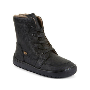 Froddo Barefoot Waterproof Up Core Boot - Black, angled view showing the outer side and front.