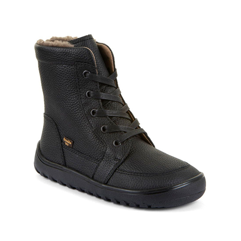Froddo Barefoot Waterproof Up Core Boot - Black, angled view showing the outer side and front.