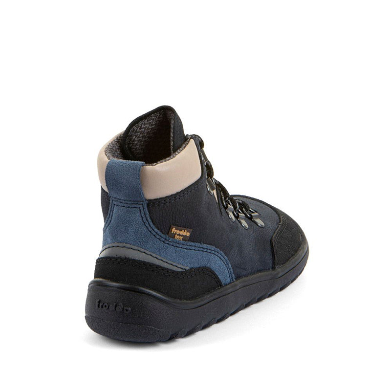 Froddo Barefoot Waterproof Up Trail Boot - Dark Blue, angled view showing outer side and rear.