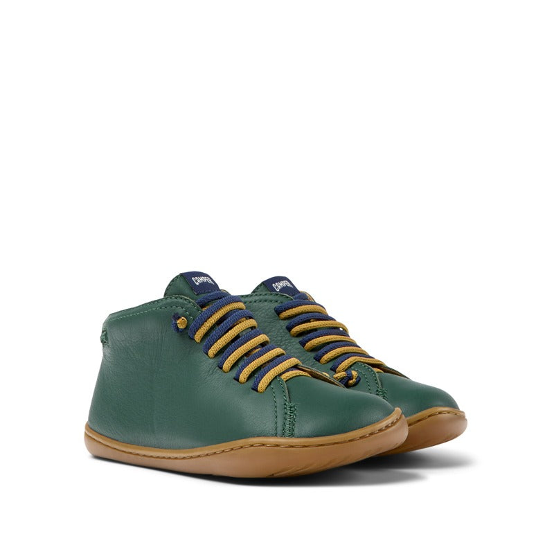 Pair of Camper Kids Peu Boots - Green, angled view showing outer side and front.