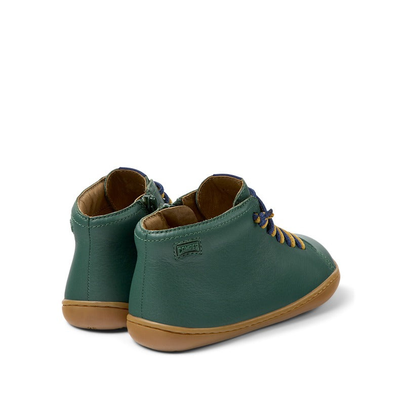 Pair of Camper Kids Peu Boots - Green, angled view showing outer side and rear.