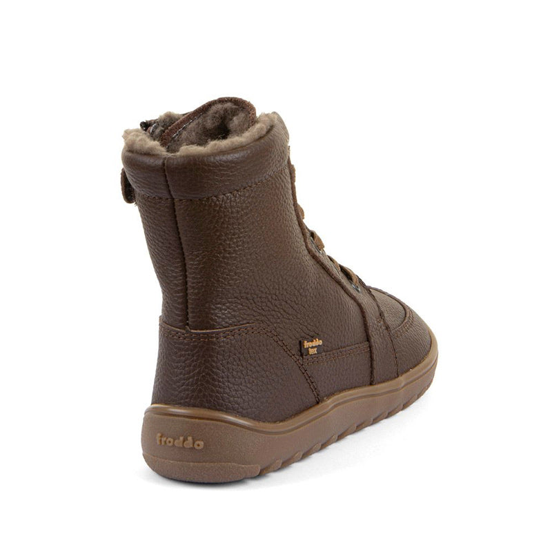 Froddo Barefoot Waterproof Up Core Boot - Brown, angled view showing outer side and rear.