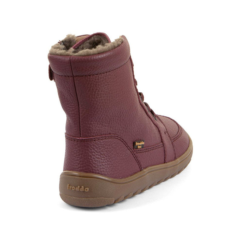 Froddo Barefoot Waterproof Up Core Boot - Bordeaux, angled view showing outer side and rear.