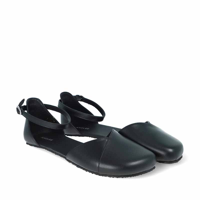 Pair of Angles Women's Sandals Dione - Black, angled view showing outer side and front.
