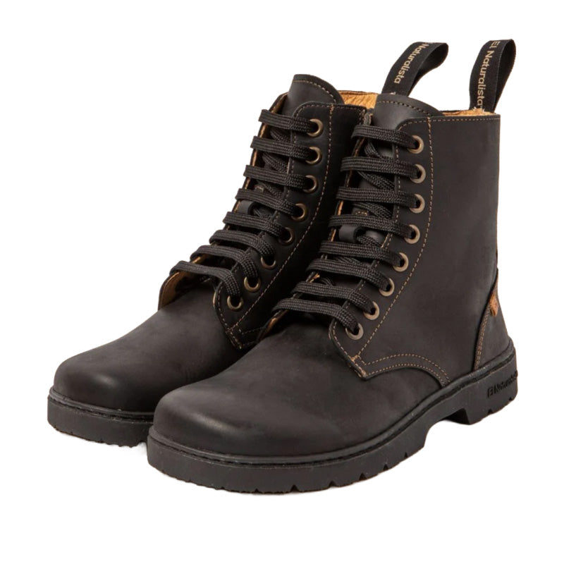 Pair of El Naturalista Barefoot Alpine Nomada Lace Up Boots - Black, angled view showing outer side and front.