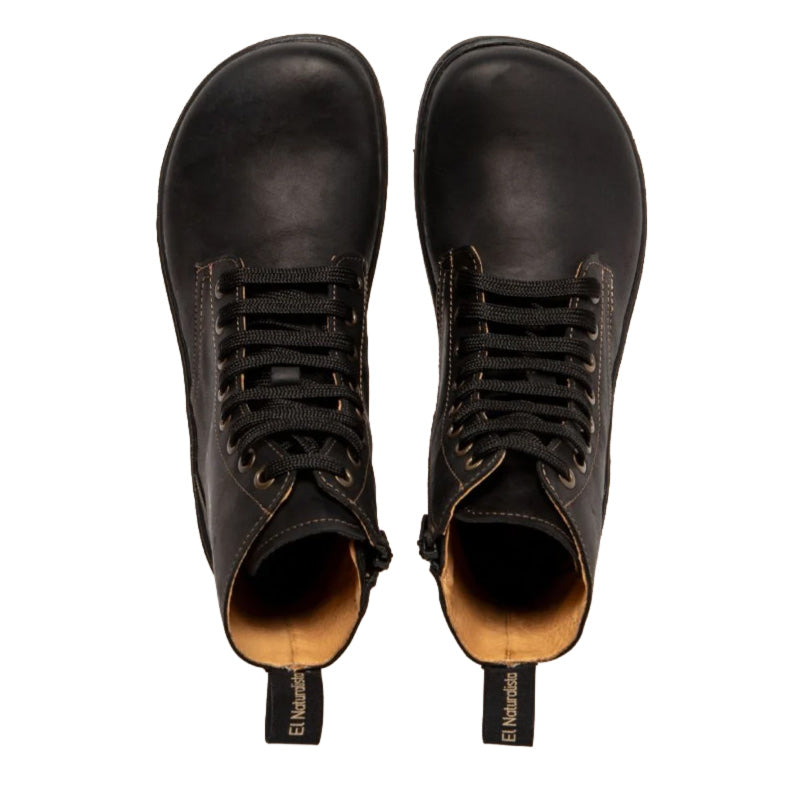 Pair of El Naturalista Barefoot Alpine Nomada Lace Up Boots - Black, top view.