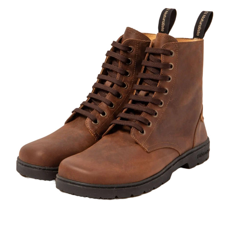 Pair of El Naturalista Barefoot Alpine Nomada Lace Up Boots - Clay, angled view showing outer side and front.