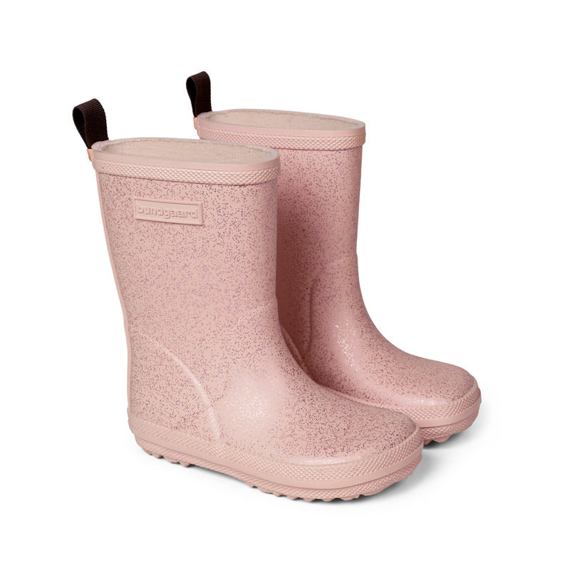 Pair of Bundgaard Kids Wellies Classic Charly High 2 - Old Rose Sparkle, angled view showing outer side and front.
