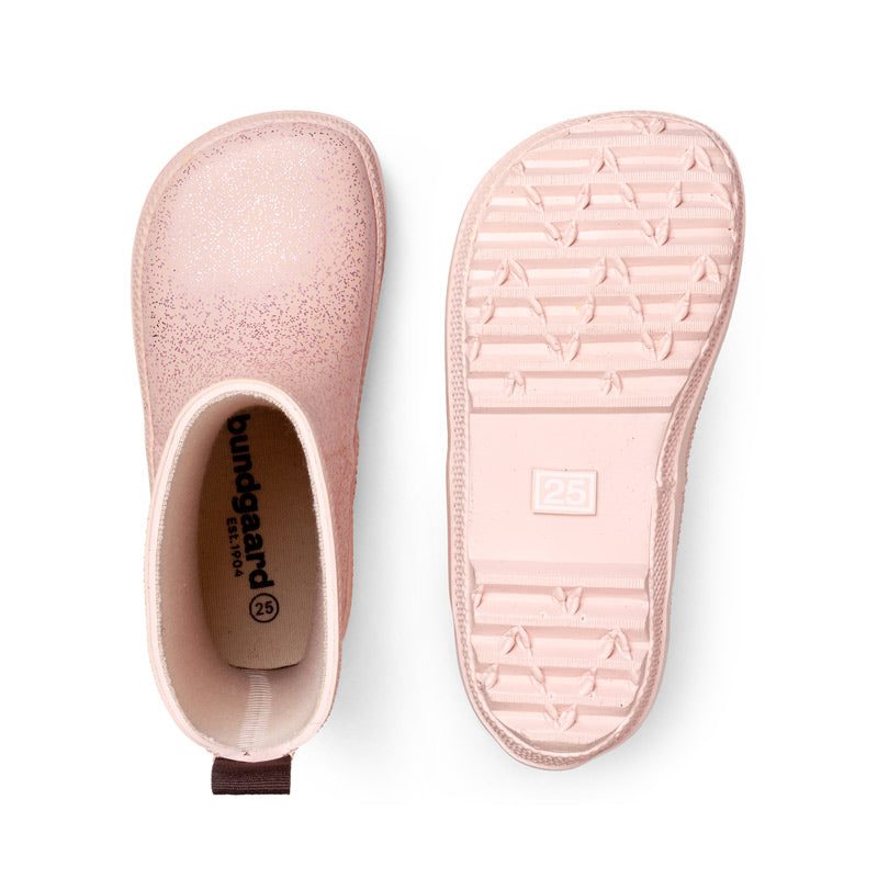 Pair of Bundgaard Kids Wellies Classic Charly High 2 - Old Rose Sparkle, one showing the top view and the other showing the sole view.