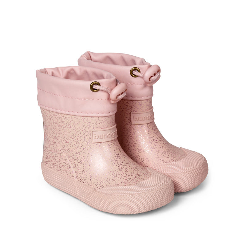Pair of Bundgaard Toddler Wellies Cover - Old Rose Sparkle, angled view showing the outer side and front.