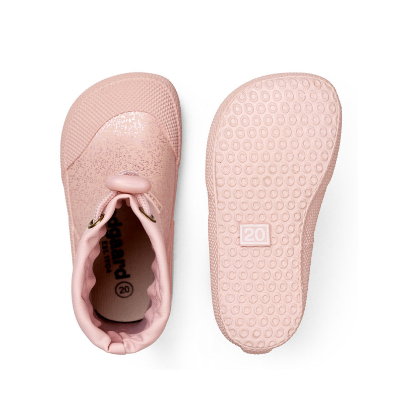 Pair of Bundgaard Toddler Wellies Cover - Old Rose Sparkle, one showing the top view and the other showing the sole view.