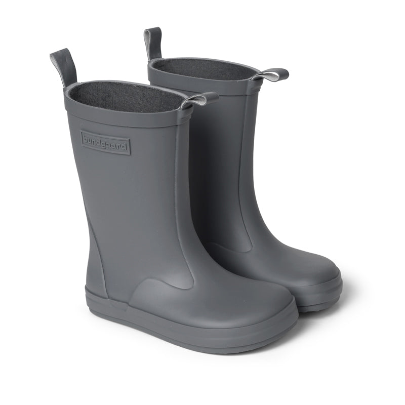 Pair of Bundgaard Kids Wellies Atlas - Slate, angled view showing the outer side and front.