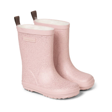 Pair of Bundgaard Kids Wellies Aspen - Rose Sparkle, angled view showing outer side and front.