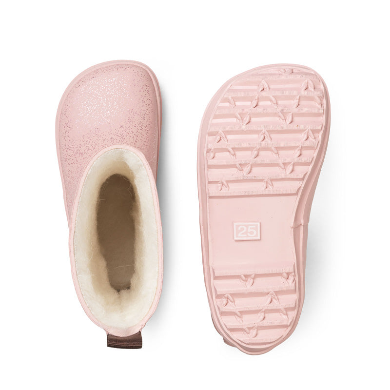 Pair of Bundgaard Kids Wellies Aspen - Rose Sparkle, one showing top view and the other showing sole view.