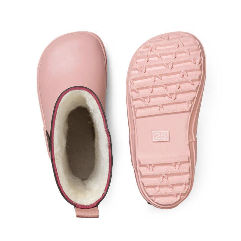 Pair of Bundgaard Kids Wellies Aspen - Berry Block, one showing top view and the other showing sole view.
