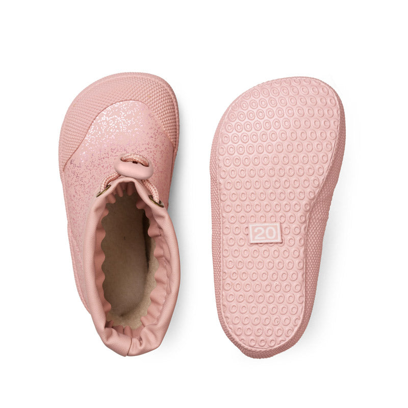 Pair of Bundgaard Toddler Wellies Malik - Rose Sparkle, one showing top view and other showing sole view.