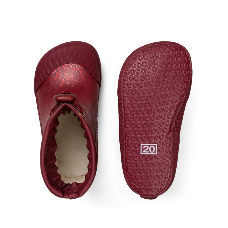 Pair of Bundgaard Toddler Wellies Malik - Berry Sparkle, one showing top view and other showingsole view.
