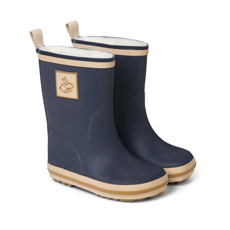 Pair of Bundgaard Kids Wellies Skippy - Midnight, angled view showing outer side and front.