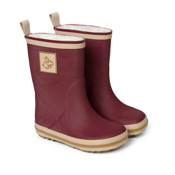 Pair of Bundgaard Kids Wellies Skippy - Berry, angled view showing outer side and front.