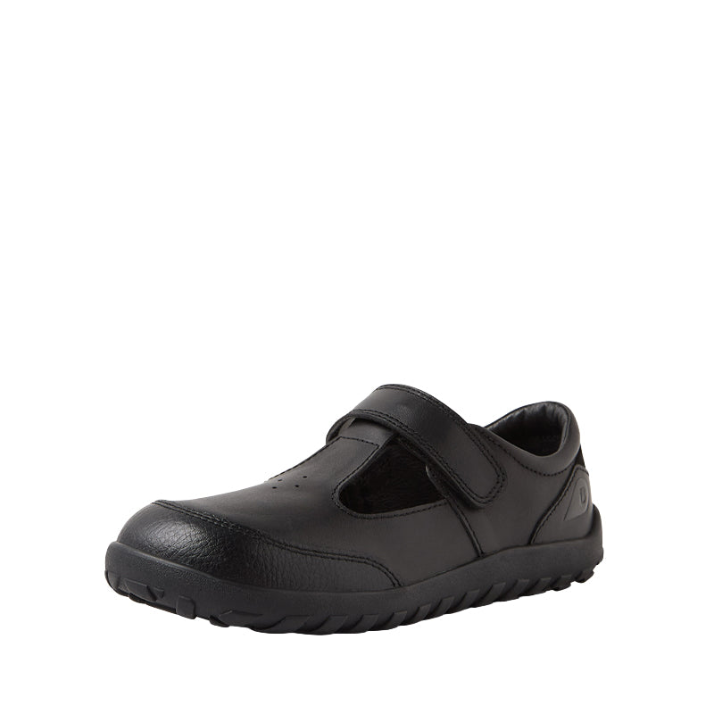 Bobux Alpha Becky School Shoe - Black, angled view showing outer side and front.