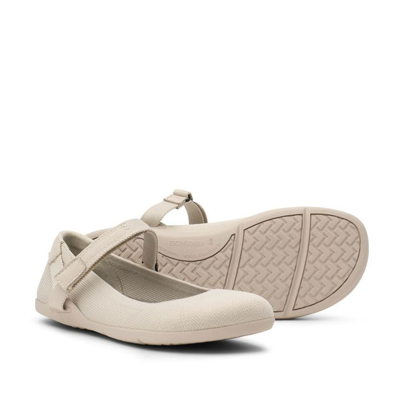 Pair of Xero Women's Mary Jane Shoes Cassie Knit -  Stone, one angled showing the outer side and front view and the other showing the sole view.