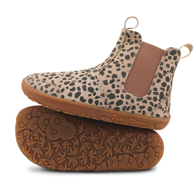 Pair of PaperKrane Adults Chelsea Boots - Cheetah, one balanced on top of the other. One showing the outer side view and the other showing the sole view.