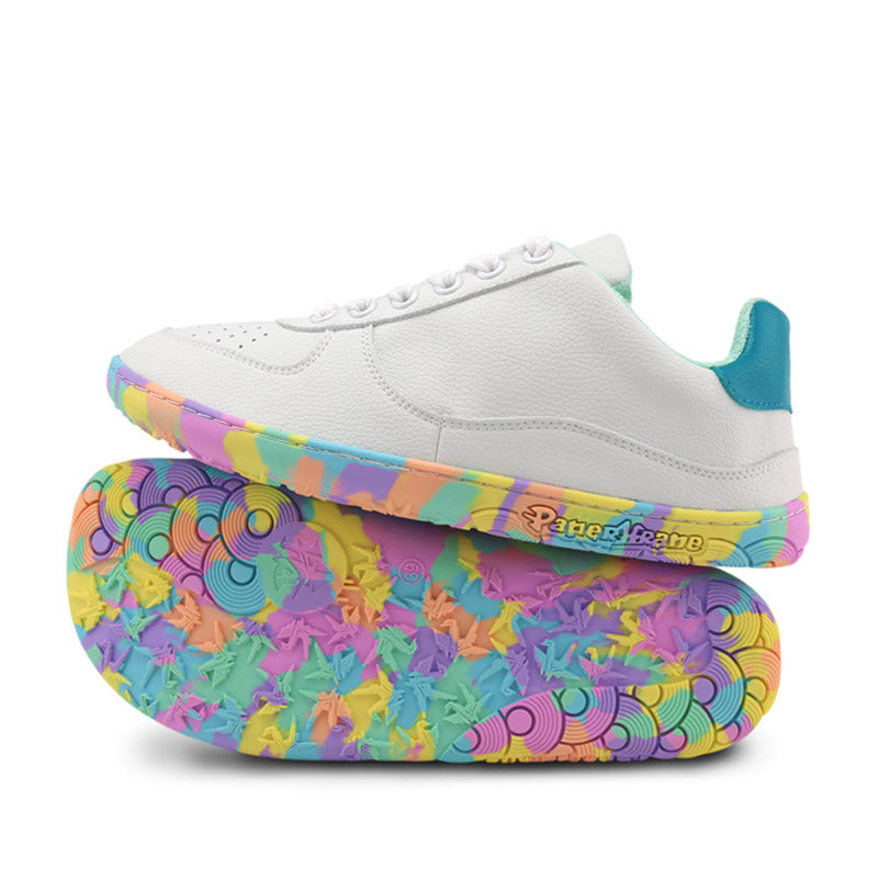 Pair of PaperKrane Adults Confetti Pops Shoes - White, one balanced on top of the other. One showing the outer side view and the other showing the sole view.