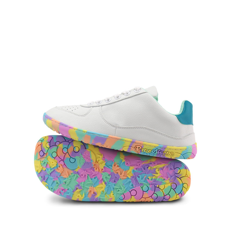 Pair of PaperKrane Kids Confetti Pops Shoes - White, one balanced on top of the other. One showing the outer side and the other showing the sole view.