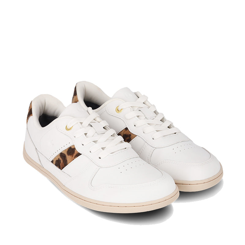 Pair of Be Lenka Adults Trainers Cellestia White and Leopard, angled side view