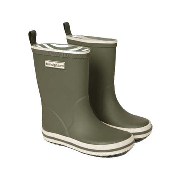 Pair of Bundgaard Kids Wellies Classic Charly High 2 - Army, angled view showing outer side and front.