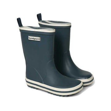 Pair of Bundgaard Kids Wellies Classic Charly High 2 - Navy, angled view showing outer side and front.