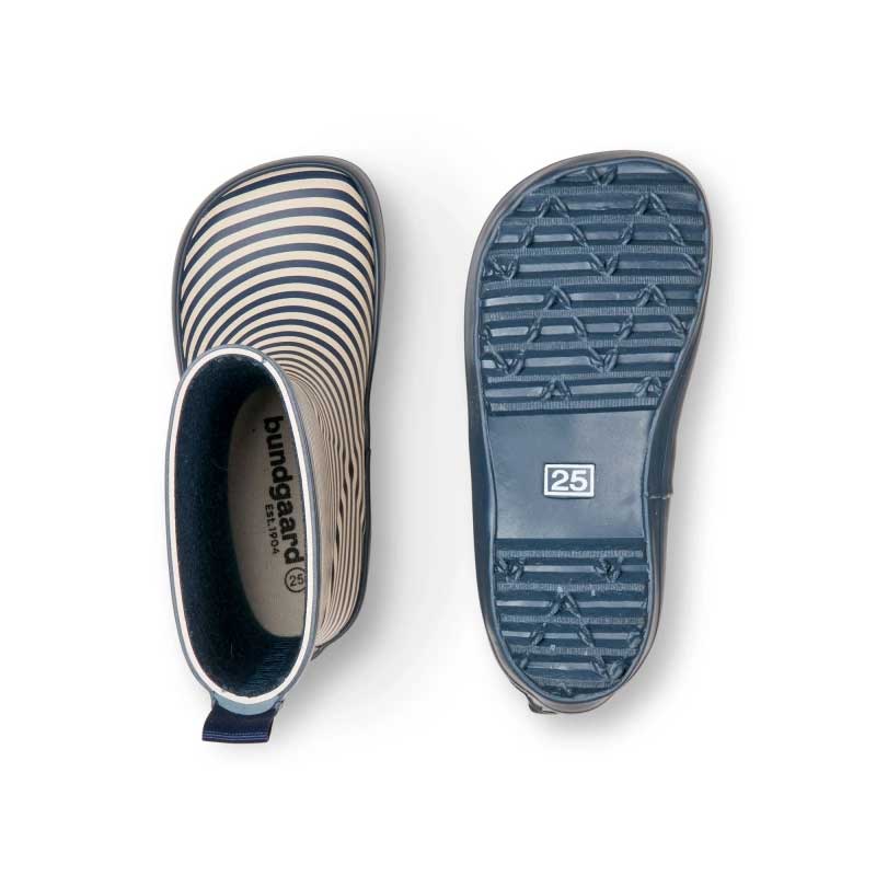Pair of Bundgaard Kids Wellies Classic Charly High 2 - Navy Stripe, one showing the top view and the other showing the sole view.