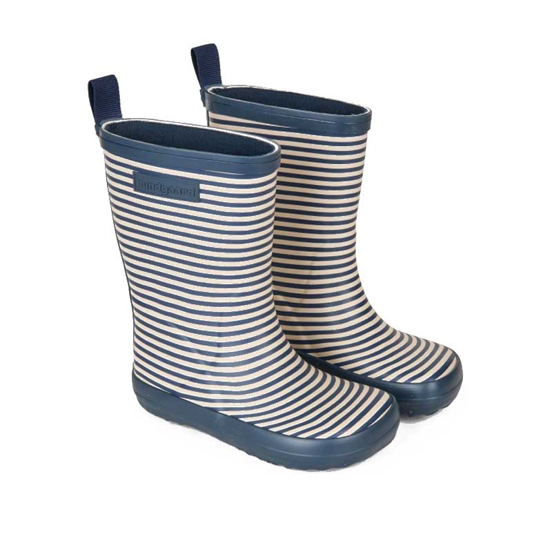 Pair of Bundgaard Kids Wellies Classic Charly High 2 - Navy Stripe, angled view showing the outer side and front.