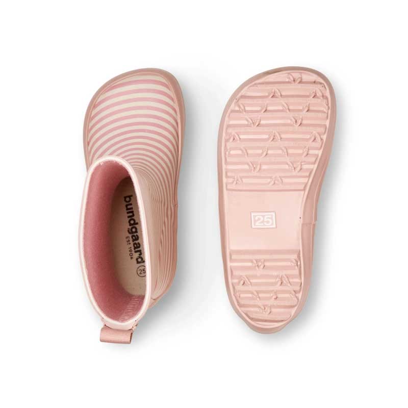 Pair of Bundgaard Kids Wellies Classic Charly High 2 - Rose Stripe, one showing the top view and the other showing the sole view.