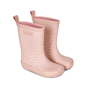 Pair of Bundgaard Kids Wellies Classic Charly High 2 - Rose Stripe, angled view showing outer side and front.