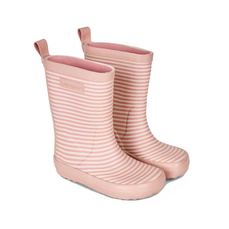 Pair of Bundgaard Kids Wellies Classic Charly High 2 - Rose Stripe, angled view showing outer side and front.
