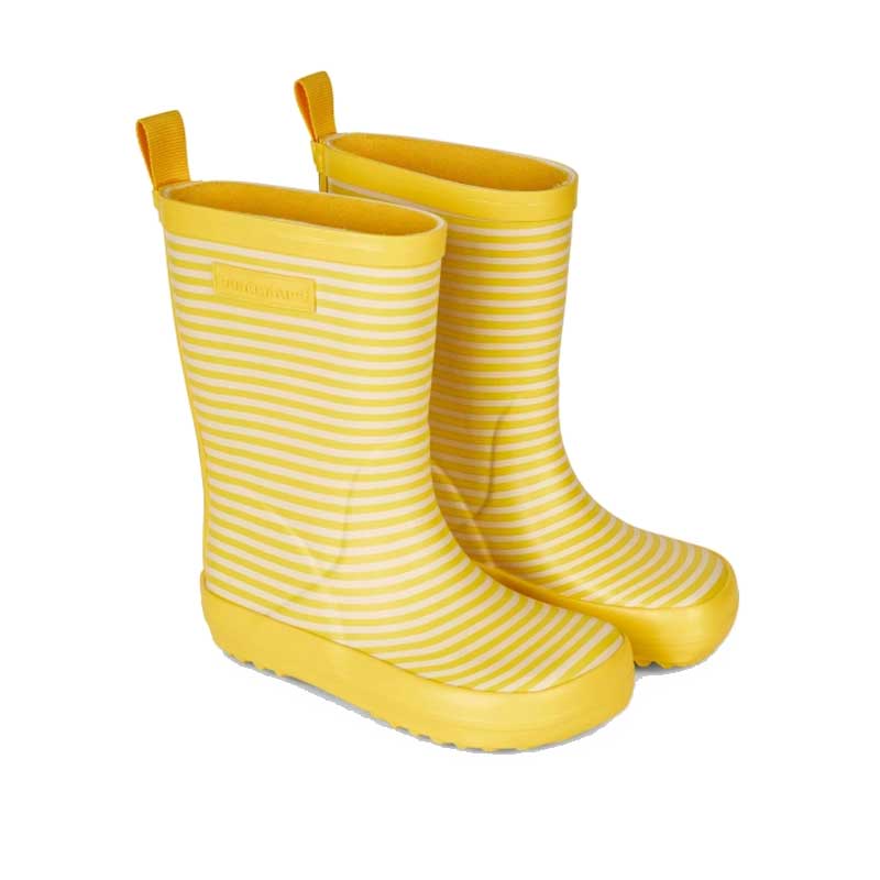 Pair of Bundgaard Kids Wellies Classic Charly High 2 - Sunflower Stripe, angled view showing outer side and front.